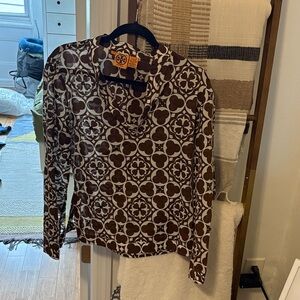 Tory Burch Brown and White Geometric Long Sleeve Top